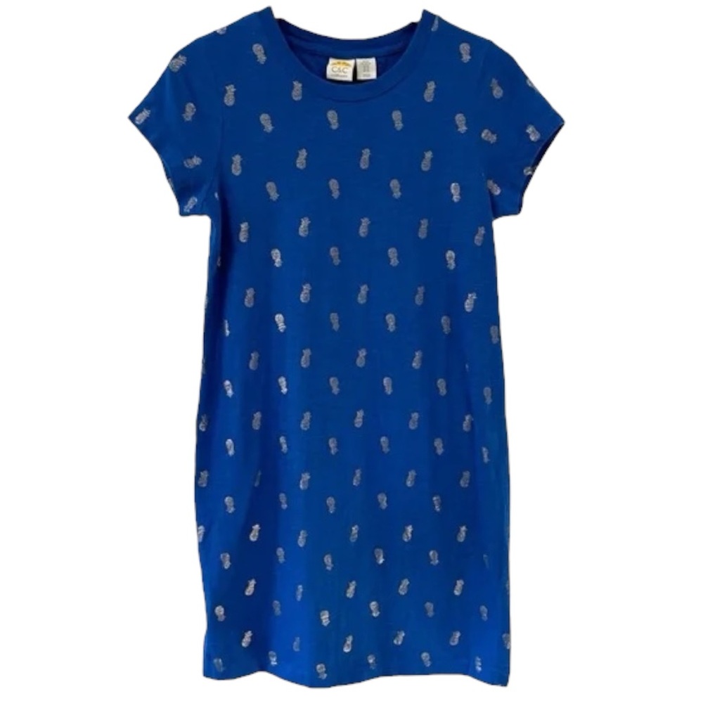 C&C California T-Shirt Dress- Blue with Gold Pineapples - Small - EUC